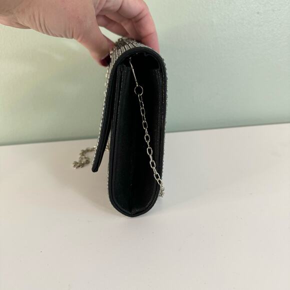 Greek Clutch Bag Rhinestone Embellished Black Silver Chain Purse Evening Party - Picture 12 of 12